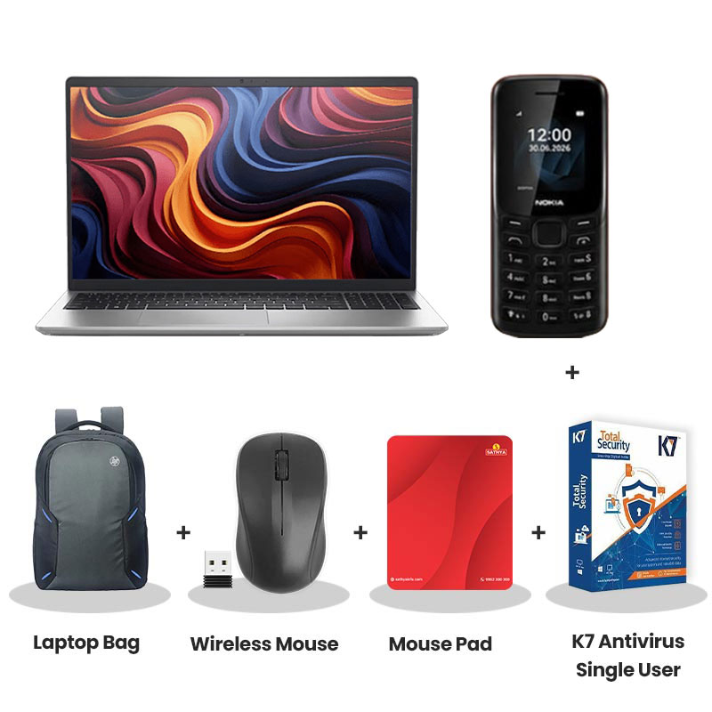 Dell 15 - AMD Ryzen 5-7530U 15.6" (39.62cm) Thin & Light Laptop (16GB/ 512GB SSD/ Full HD Display/ LED-Backlit Standard Keyboard/ Windows 11 Home/ Office Home 2024 + M365 Basic/ 1Year Warranty/ Platinum Silver/ 1.67 Kg)  Nokia Mobile Phone + Laptop Bag + Wireless Mouse + Mouse Pad + K7 Antivirus Single User