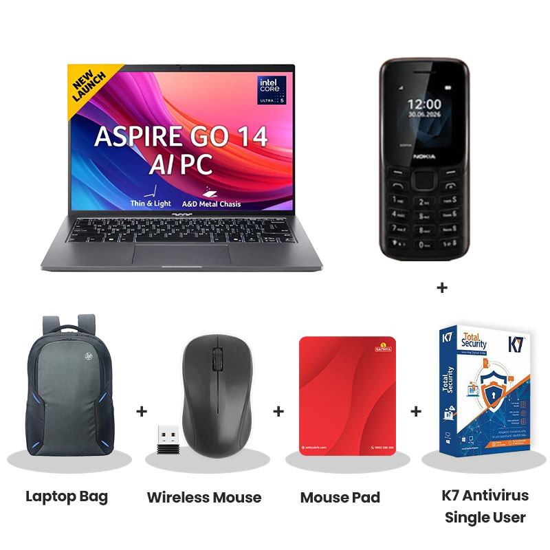 Acer Aspire Go 14 - Intel Core Ultra 5 125H 14.0" (35.56 cm) AG14-71M Premium Thin and Light Laptop (16GB/ 1TB SSD/ WUXGA IPS/ Backlit Keyboard/ Windows 11Home/ MS office/ Space Gray/ 1.5 kg)  Nokia Mobile Phone + Laptop Bag + Wireless Mouse + Mouse Pad + K7 Antivirus Single User