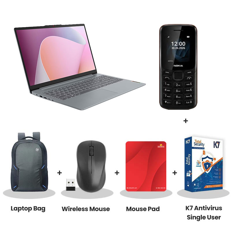  Lenovo IdeaPad Slim 3 - AMD Ryzen 5 40  15.6" (39.6cm)  82XQ01S2IN  Thin & Light Laptop (16GB LPDDR5/ 512GB SSD/ Full HD Display/ Integrated AMD Radeon 610M Graphics/ Windows 11 Home/ Microsoft 365 Basic + Office Home 2024/ 1Year Warranty/ Arctic Grey/ 1.62 kg) Nokia Mobile Phone + Laptop Bag + Wireless Mouse + Mouse Pad + K7 Antivirus Single User