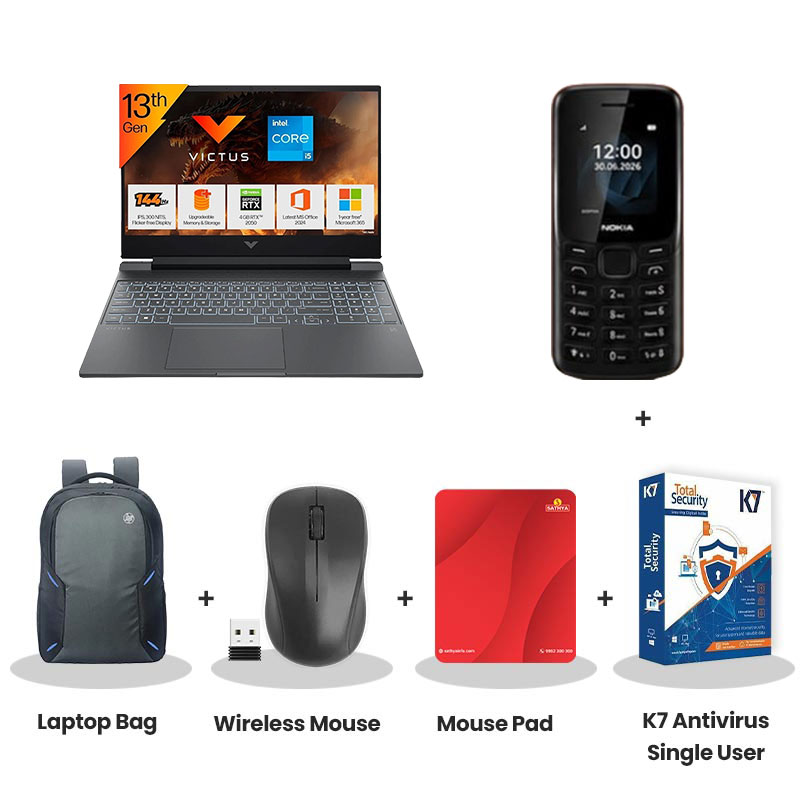HP Victus - 13th Gen Intel Core i5-13420H 15.6" (39.6 cm) 15-fa2703TX Gaming Laptop  (16GB/ 512GB SSD/ Full HD Display/ NVIDIA GeForce RTX 2050 4GB/ Backlit Keyboard/ Anti-Glare/ Ethernet port/ Windows 11 Home/ MS Office 2024/ 1 Year Warranty/ Mica silver/ 2.29 kg)  Nokia Mobile Phone + Laptop Bag + Wireless Mouse + Mouse Pad + K7 Antivirus Single User