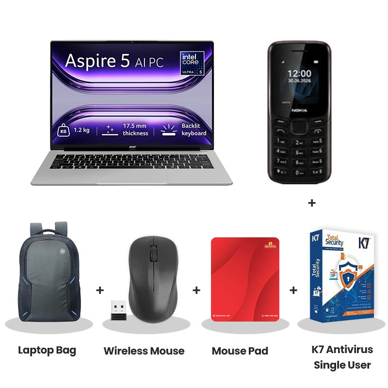  Acer Aspire 5 -  Intel Core Ultra 5 125H 14" (35.56 cm) A514-54H Thin & Light Laptop  (16GB LPDDR5/ 512GB SSD/ WUXGA IPS SlimBezel/  Intel Arc Graphics/ Windows 11 Home/ MS Office/1 Year Warranty/  Pure Silver/ 1.2 kg)  Nokia Mobile Phone + Laptop Bag + Wireless Mouse + Mouse Pad + K7 Antivirus Single User