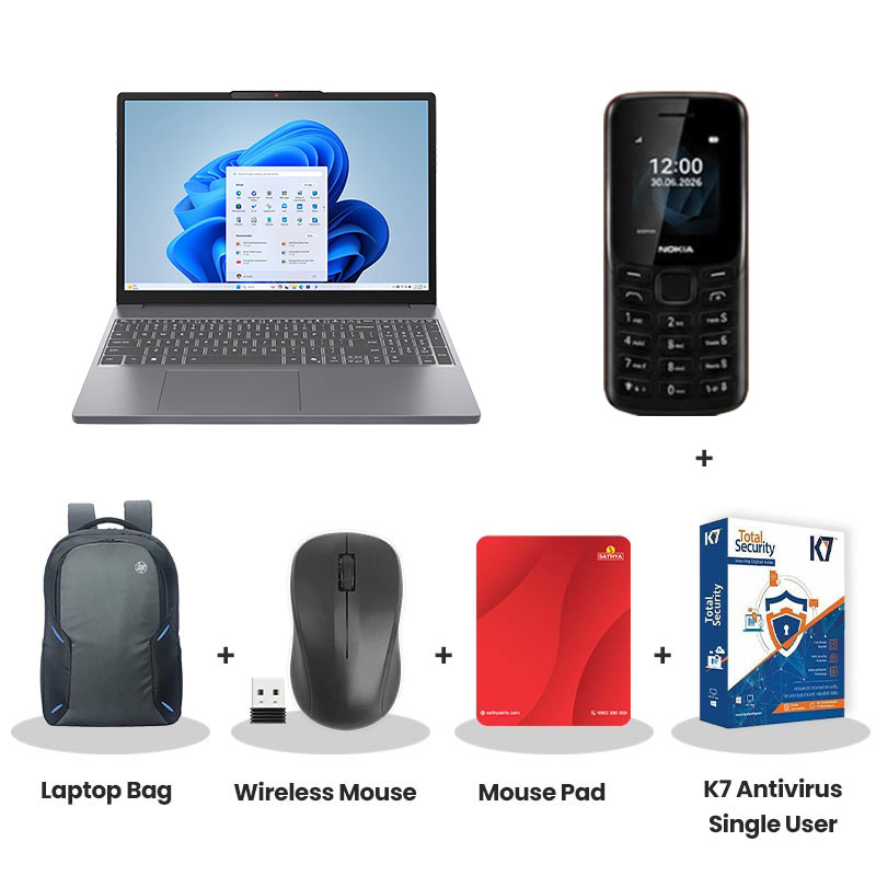Lenovo IdeaPad Slim 3 - Intel Core i5-13420H 15.3" (38.86 cm) 83K101JDIN Thin & Light Laptop (16GB DDR5/ 512GB SSD/ WUXGA PS 300nits Anti-glare/ Integrated Intel UHD Graphics/ Windows 11 Home/ Microsoft 365 Basic + Office Home 2024/  1Year Warranty / Luna Grey/ 1.59 kg)  Nokia Mobile Phone + Laptop Bag + Wireless Mouse + Mouse Pad + K7 Antivirus Single User