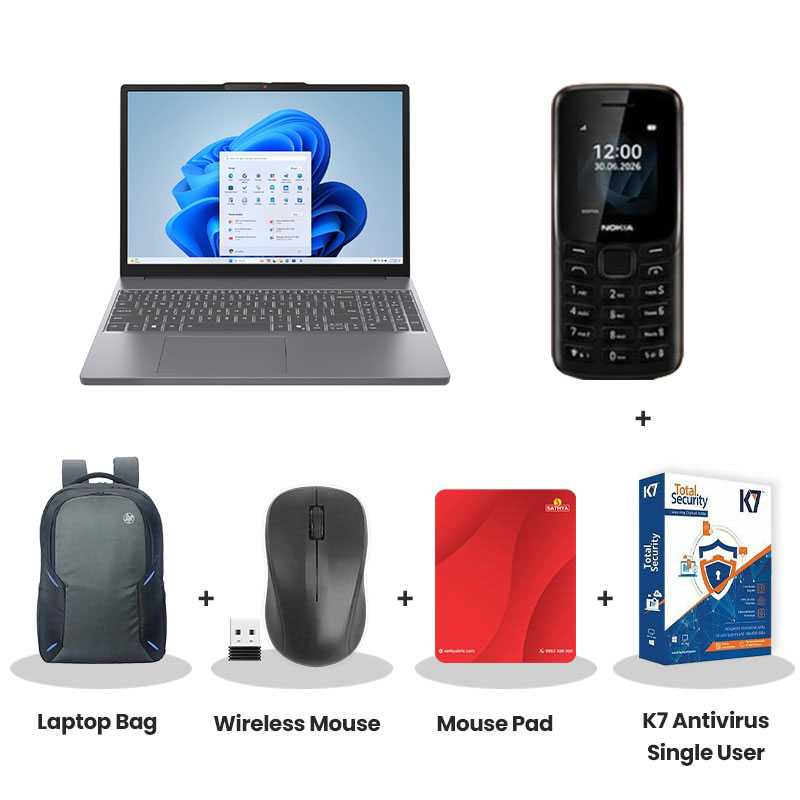  Lenovo IdeaPad Slim 3 -  Intel Core i7-13620H 15.3" (38.86 cm)  83K1011BIN Thin & Light Laptop (16GB/ 512GB SSD/ WUXGA PS 300nits Anti-glare/ Integrated Intel UHD Graphics/ Windows 11 Home/ Office Home 2024/ 1Year Warranty/ Luna Grey/ 1.59kg)  Nokia Mobile Phone + Laptop Bag + Wireless Mouse + Mouse Pad + K7 Antivirus Single User