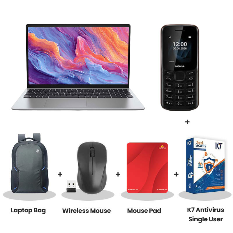 Dell 15 - Intel Core Ultra 5-225H 15.6" (39.62cm) Thin & Light Laptop (16GB/ 512GB SSD/ Full HD Display/ Intel Graphics/ Backlit Keyboard/ Windows 11 Home/ Office Home 2024 + M365 Basic/ 1Year Warranty/ Platinum Silver/ 1.66 kg)  Nokia Mobile Phone + Laptop Bag + Wireless Mouse + Mouse Pad + K7 Antivirus Single User