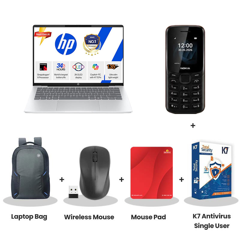 HP OmniBook 5 - Snapdragon X processor 14" (35.56 cm) 14-he0014QU Thin & Light Laptop  (16GB DDR5/ 512GB SSD/  Diagonal 2K OLED display/ Qualcomm Adreno GPU/Backlit Keyboard/ Camera Privacy Shutter/ Mic mute key/Windows 11 Home/ MS Office 2024/ M365 Basic(1yr) 1Year Warranty/ Glacier Silver/ 1.35 Kg)  Nokia Mobile Phone + Laptop Bag + Wireless Mouse + Mouse Pad + K7 Antivirus Single User