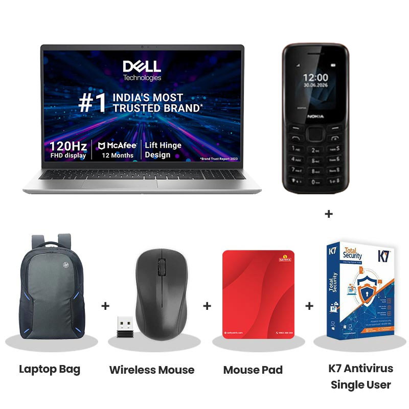 Dell DC15250  - 13th Gen Intel Core i7 15.6" (39.62cm) Thin & Light Laptop (16GB/ 512GB SSD/ Full HD Display/ Windows 11 Home/ MS Office 2024/ Intel UHD Graphics/ Backlit Keyboard / 1 Year Warranty/ Platinum Silver/ 1.65kg)  Nokia Mobile Phone + Laptop Bag + Wireless Mouse + Mouse Pad + K7 Antivirus Single User