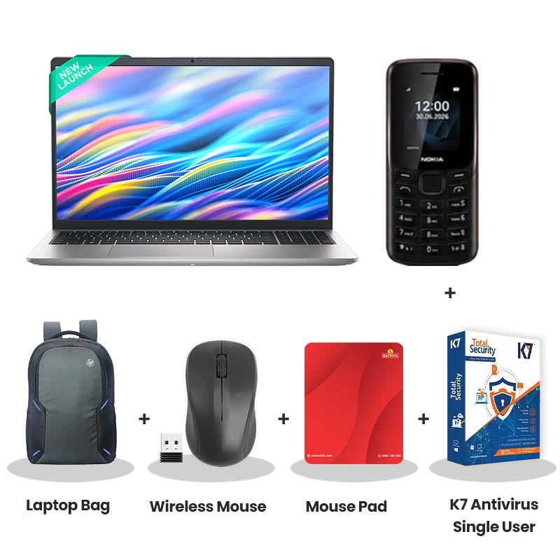 Dell DC15250 - Intel Core i51334U 15.6" (39.62cm) Thin & Light Laptop (16GB/ 1TB SSD/ Full HD Display/ Intel UHD Graphics/ Backlit keyboard with numeric keyboard/ Windows 11 Home/  MS Office Home 2024/ 1 Year Warranty/ Platinum Silver)  Nokia Mobile Phone + Laptop Bag + Wireless Mouse + Mouse Pad + K7 Antivirus Single User