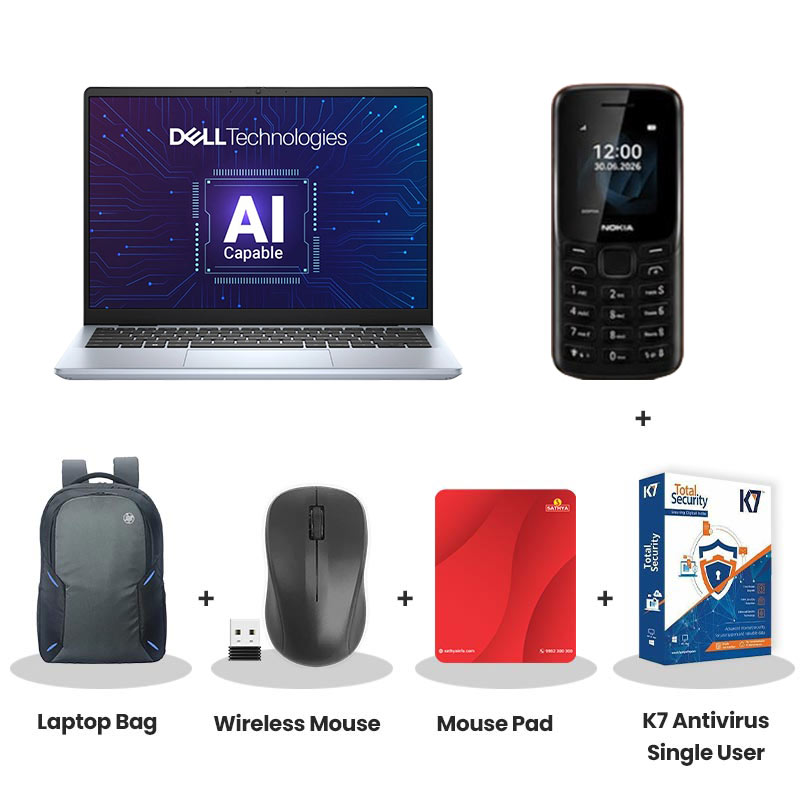 Dell  Inspiron 7440 New 14 Plus -  Intel Core 7 240H 14" (35.6 cm) Thin & Light Laptop (16GB LPDDR5X/ 512GB SSD/ Full HD Display/ Intel UHD Graphic/ Windows 11 Home/ Office Home 2024 + M365 Basic (1 Year Validity)/ 1Year Warranty/  Ice Blue/ 1.60 kg) Nokia Mobile Phone + Laptop Bag + Wireless Mouse + Mouse Pad + K7 Antivirus Single User