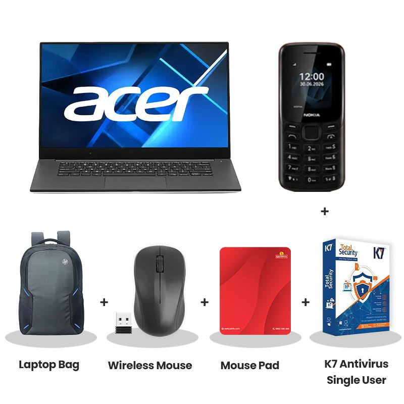 Acer - Core 5-210H 15.6" (39.62 cm)AL15G-53 Gaming Laptop (16GB DDR4/ 512GB SSD/ NVMe SSD  RTX 3050  6GB/ Backlit Keyboard/ Windows 11Home/ 1Year Warranty/ Titanium Gray/1.5 kg) Nokia Mobile Phone + Laptop Bag + Wireless Mouse + Mouse Pad + K7 Antivirus Single User
