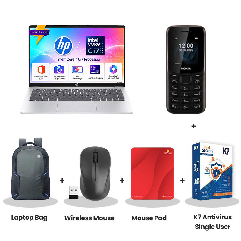 HP - 13th Gen  Intel Core i7-1355U 14" (35.6 cm)  14-ep0159TU Thin & Light Laptop (16GB DDR4/  512GB SSD/ Full HD Display/  Intel Arc Graphics/ Anti-Glare/ Windows 11 Home/ MS Office 2024/ 1Year Warranty/ Natural silver/ 1.4 Kg) Nokia Mobile Phone + Laptop Bag + Wireless Mouse + Mouse Pad + K7 Antivirus Single User