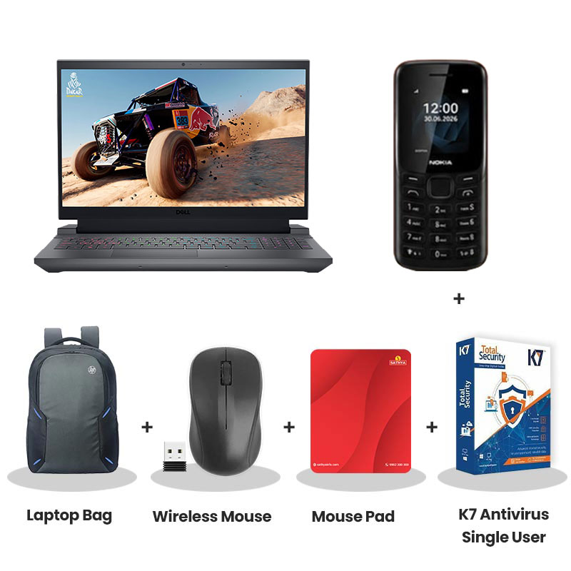Dell  G15 5530 - 13th Gen Intel Core i5-13450HX 15.6" (39.62cm)  Gaming Laptop (16GB DDR5/ 512GB SSD/ Full HD Display/ NVIDIA GeForce RTX 3050 6GB GDDR6/ Windows 11 Home/ MS Office/ 1Year Warranty/ Dark Shadow Gray/ 2.81 kg)  Nokia Mobile Phone + Laptop Bag + Wireless Mouse + Mouse Pad + K7 Antivirus Single User