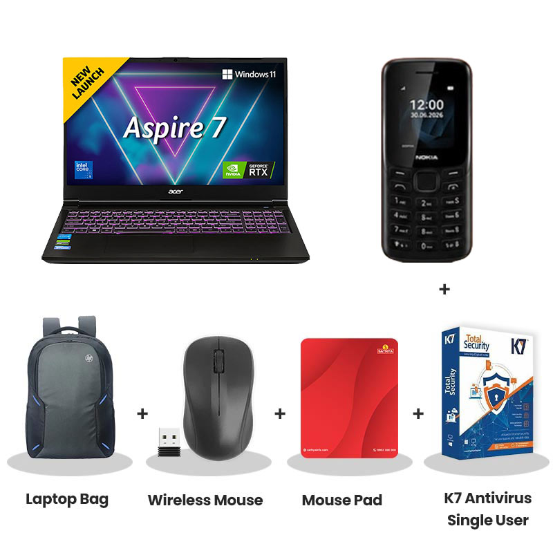  Acer Aspire 7 -  Intel Core 5 210H 15.6" (39.62 cm)  A715-79G Gaming Laptop ( 16GB DDR4/ 512GB SSD/ Full HD Display/ NVIDIA GeForce RTX 4050 6GB GDDR6/  Windows 11 Home/ MS Office/ 1Year Warranty/  Flame Black/  1.99 kg)  Nokia Mobile Phone + Laptop Bag + Wireless Mouse + Mouse Pad + K7 Antivirus Single User