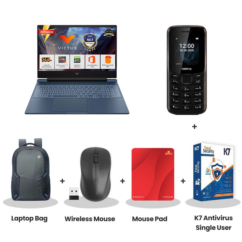  HP Victus - AMD Ryzen 7-7445HS 15.6" (39.6 cm) 15-fb3120AX Gaming Laptop (16GB DDR5-5600/ 512GB SSD/ Full HD Display/ 144 Hz/ NVIDIA GeForce RTX 3050 6GB GDDR6 / Micro-edge/ Backlit Keyboard/ Windows 11 Home/ MS Office 2024/ 1Year Warranty/ Performance blue/ 2.29 kg)   Nokia Mobile Phone + Laptop Bag + Wireless Mouse + Mouse Pad + K7 Antivirus Single User