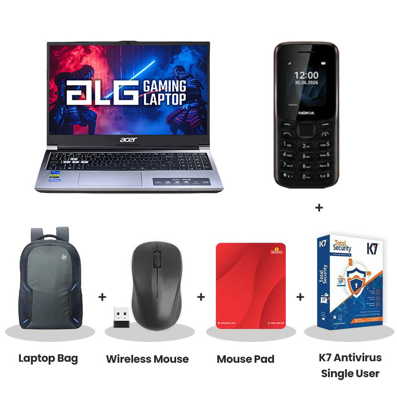 Acer -  Intel Core 7 processor 240H 15.6" (39.62 cm)AL15G-53 Gaming Laptop  (16GB DDR4/ 512GB SSD/ Full HD Plus Display/  NVIDIA GeForce RTX 3050 4GB DDR6/ Windows 11 Home/ 1Year Warranty/ Titanium Gray/ 1.99kg)  Nokia Mobile Phone + Laptop Bag + Wireless Mouse + Mouse Pad + K7 Antivirus Single User
