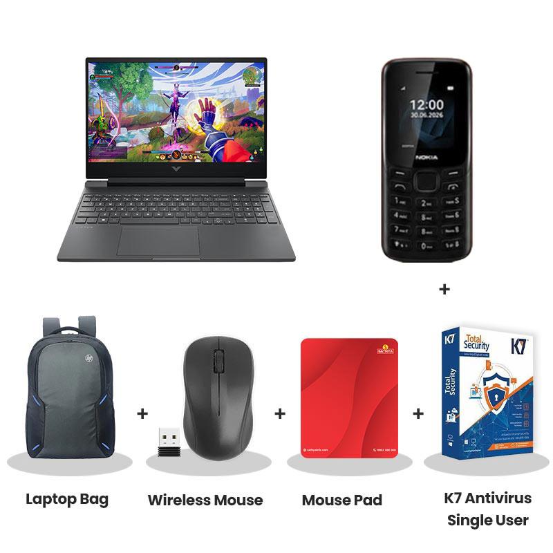 HP Victus -  Intel Core Core 5-210H  15.6" (39.6 cm)  15-fa2497TX Gaming Laptop  (24GB DDR5/ 512GB SSD/ Full HD IPS  Display/ NVIDIA GeForce RTX 3050 A 4GB GDDR6/ Windows 11 Home/ Office Home 2024/  1Year Warranty/  Mica Silver/ 2.29 kg)   Nokia Mobile Phone + Laptop Bag + Wireless Mouse + Mouse Pad + K7 Antivirus Single User