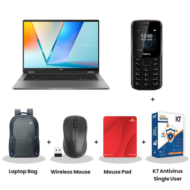  Asus Vivobook 14 Flip - Intel Core Ultra 5 226V 14" (35.56 cm) TP3407SA-SG183WS Thin & Light Laptop (16GB LPDDR5X/ 512GB SSD/ Full HD Plus Display/ Intel Arc Graphics/ Windows 11 Home/ Office Home 2024 + M365 Basic (1 Year Validity)/ 1 Year Warranty/ Matte Gray/ 1.57 kg)  Nokia Mobile Phone + Laptop Bag + Wireless Mouse + Mouse Pad + K7 Antivirus Single User
