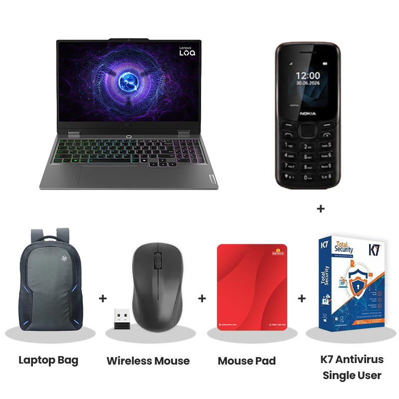  Lenovo LOQ - Intel Core i5-13450HX 15.6" (39.6cm) 83DV01AAIN Gaming Laptop (16GB/ 512GB SSD/  Full HD Display/ Anti-Glare/ E-shutter/ NVIDIA GeForce RTX 4050 6GB GDDR6/ Windows 11 Home/ Office Home 2024/ 1 Year Warranty/Luna Grey/ 2.38Kg)   Nokia Mobile Phone + Laptop Bag + Wireless Mouse + Mouse Pad + K7 Antivirus Single User