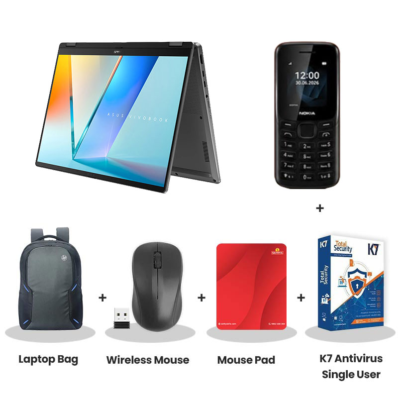 Asus Vivobook 14 Flip - Intel Core Ultra 7 256V  14" (35.56 cm)   TP3407SA-SG184WS Thin & Light Laptop (16GB LPDDR5X/ 512GB SSD/ OLED Touch Full HD Plus Display/Intel Arc Graphics/ Windows 11 Home/  Office Home 2024 + M365 Basic (1 Year Validity)/ 1 Year Warranty/ Matte Gray/ 1.57 kg)   Nokia Mobile Phone + Laptop Bag + Wireless Mouse + Mouse Pad + K7 Antivirus Single User
