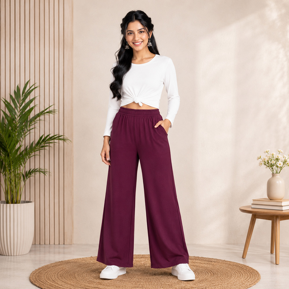 Burgundy Wide-Leg Palazzo with Pocket