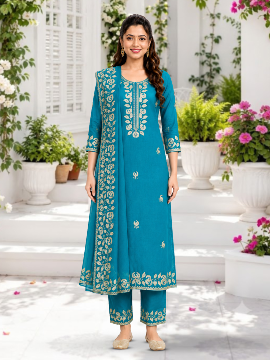 Floral Motifs Embroidery Straight-Cut Salwar Suit Set