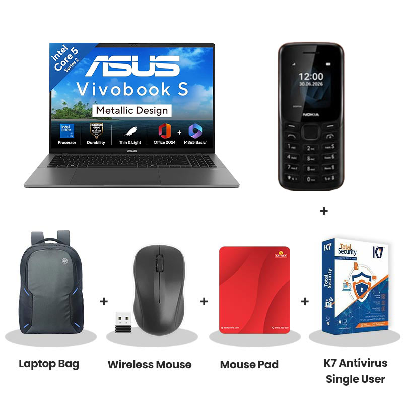 Asus Vivobook S16 - Intel Core 5 210H 16" (40.64 cm)  S16 S3607VA-RP113WS Thin and Light Laptop  (16GB DDR5 / 512GB SSD/ Full HD Plus Display/ Intel UHD Graphics/ Windows 11 Home/Office Home 2024 + M365 Basic (1 Year Validity)/ 1Year Warranty/ Matte Gray/ 1.70 kg)  Nokia Mobile Phone + Laptop Bag + Wireless Mouse + Mouse Pad + K7 Antivirus Single User