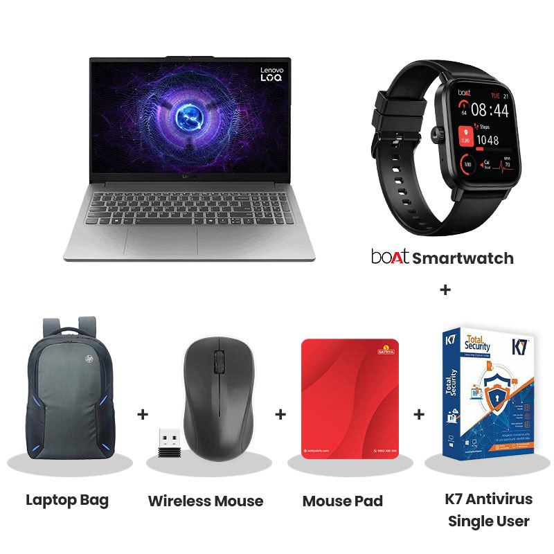 Lenovo LOQ - Intel Core i5-12450HX 15.6" (39.6cm) 83GS00PJIN Gaming Laptop (16GB/ 512GB SSD/ Full HD Display/  NVIDIA GeForce RTX 3050 6GB/ E-shutter/ IPS 300nits Anti-Glare/ 100% sRGB/ 144Hz/ Ethernet Port/Windows 11 Home/ MS Office 2024/ 1Year Warranty/Luna Grey/ 2.38Kg)  with bOAt Smartwatch + Laptop Bag Wireless Mouse + Mouse Pad + K7 Antivirus Single User