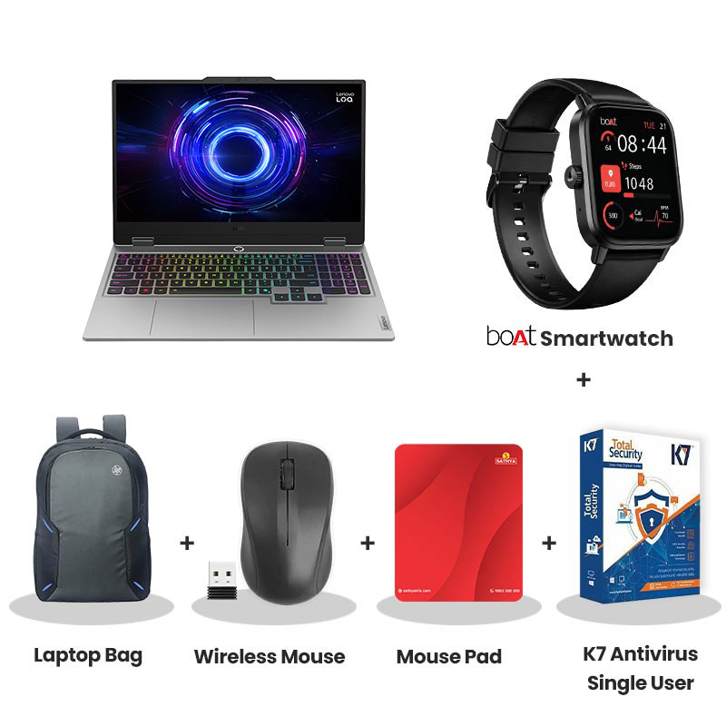 Lenovo LOQ - Intel Core i7-13645HX 15.6" (39.6cm)  83JE019WIN  Gaming Laptop (16GB DDR5/ 1TB SSD/ Full HD Display/ Anti-glare/ NVIDIA GeForce RTX 5060 8GB GDDR7/ Windows 11 Home/  1Year Warranty/ Luna Grey/ 2.4kg)  with bOAt Smartwatch + Laptop Bag Wireless Mouse + Mouse Pad + K7 Antivirus Single User