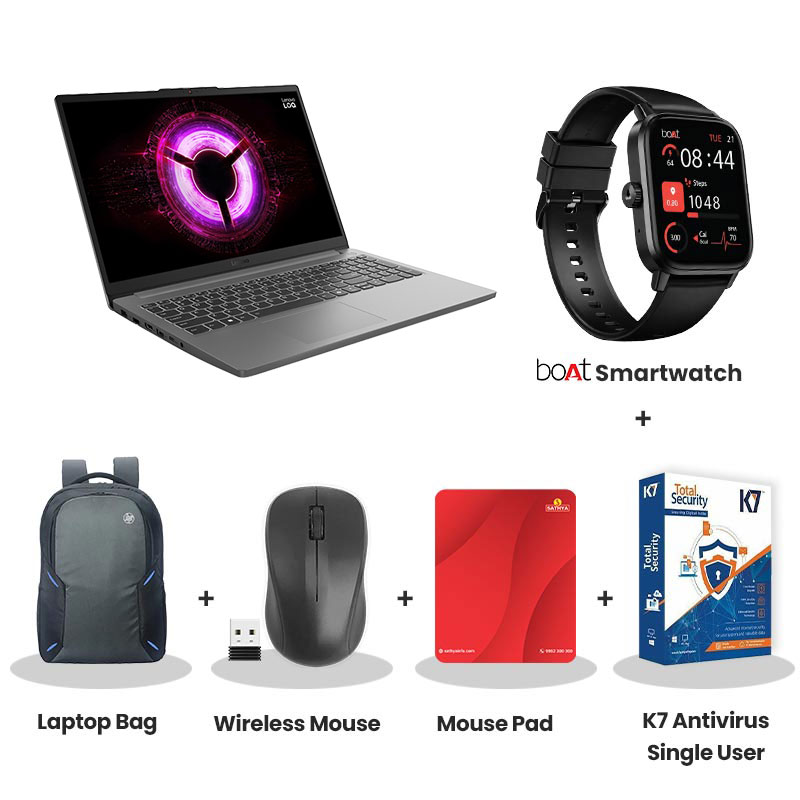 Lenovo LOQ - AMD Ryzen 5 7535HS 15.6" (39.6cm) 83S00072IN Gaming Laptop (16GB DDR5/ 512GB SSD/ Full HD Display/ Anti-glare/ NVIDIA GeForce RTX 3050 6GB GDDR6/ Windows 11 Home Single/ Office Home 2024/  1Year Warranty/  Luna Grey/ 1.8 kg) with bOAt Smartwatch + Laptop Bag Wireless Mouse + Mouse Pad + K7 Antivirus Single User