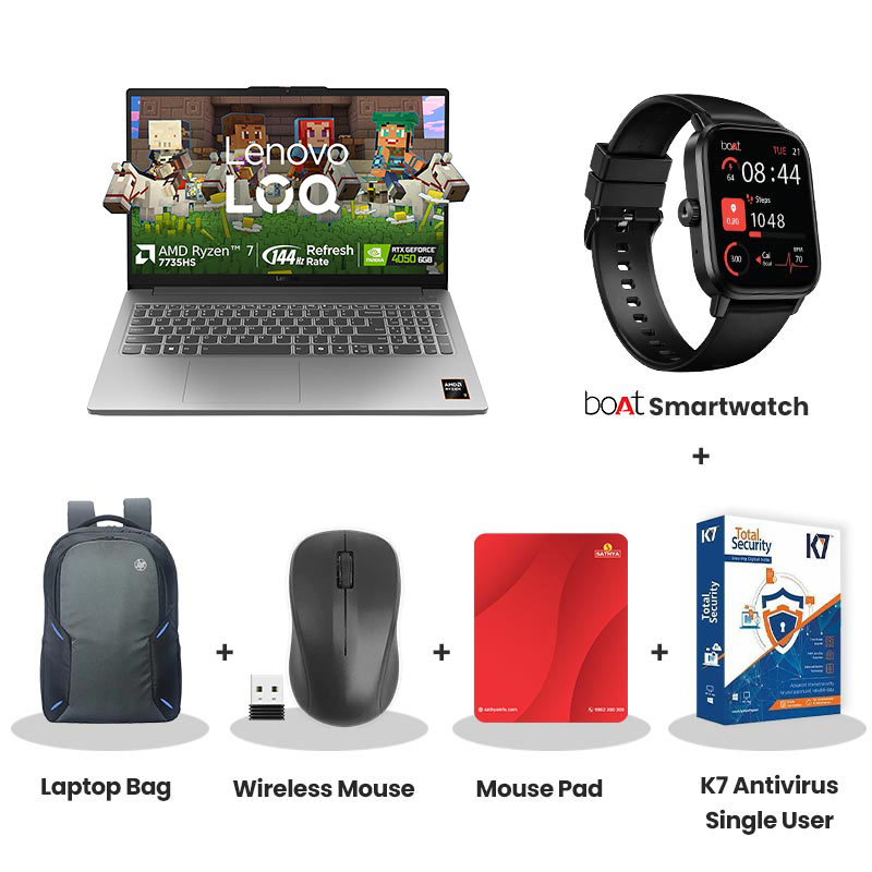 Lenovo LOQ -  AMD Ryzen 7 7735HS  15.6" (39.62 cm) 83S000FWIN Gaming Laptop  (16GB DDR5/ 512GB SSD/ Full HD Display/ Anti-glare/  NVIDIA GeForce RTX 4050 6GB GDDR6/ Windows 11 Home/ Office Home 2024/  1Year Warranty/  Luna Grey/ 1.8kg) with bOAt Smartwatch + Laptop Bag Wireless Mouse + Mouse Pad + K7 Antivirus Single User