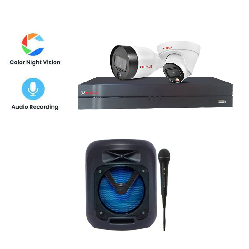 CP PLUS 2 CCTV Cameras Combo (1 Indoor & 1 Outdoor CCTV Cameras) (DUAL LIGHT WITH MIC) DVR + HDD + Accessories + Power Supply + 45m Cable + Zebronics Wireless Speaker