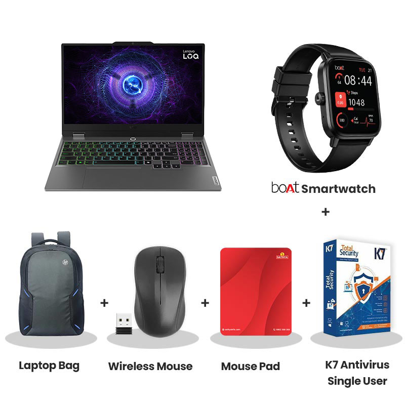 Lenovo LOQ - 	Intel Core i5-13450HX 15.6" (39.6cm) 83DV01JYIN  Gaming Laptop (16GB  DDR5/ 512GB SSD/  Full HD Display/ NVIDIA GeForce RTX 3050 6GB GDDR6/ Windows 11 Home/ Office Home 2024/ 1Year Warranty/Luna Grey/ 2.38 kg) with bOAt Smartwatch + Laptop Bag Wireless Mouse + Mouse Pad + K7 Antivirus Single User