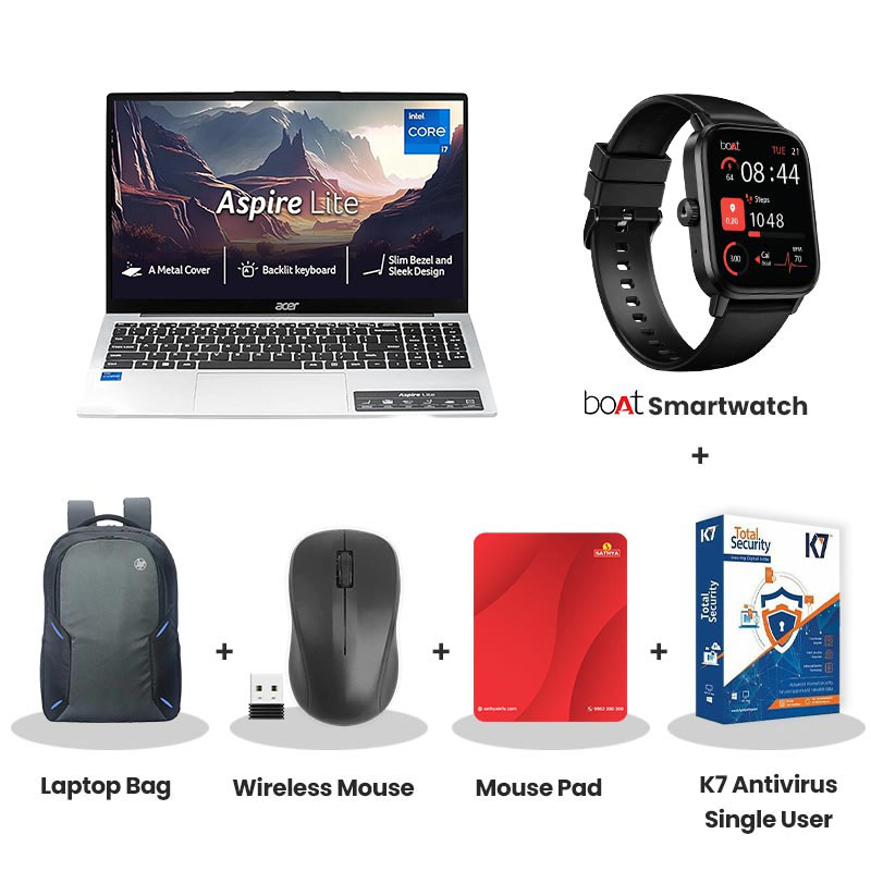 Acer Aspire Lite -  13th Gen Intel Core i7-13620H 15" (38.10 cm) AL15-52H Thin & Light Laptop (16GB LPDDR5/ 512GB SSD/ Full HD Display/  Intel Iris Xe Graphics/  Windows 11 Home/ MS Office/ 1Year Warranty/ Pure Silver/ 1.70 Kg) with bOAt Smartwatch + Laptop Bag Wireless Mouse + Mouse Pad + K7 Antivirus Single User