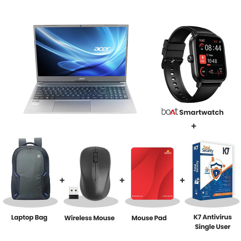 Acer Aspire  Lite - AMD Ryzen 7 7730U 15.6" (39.62 cm) AL15-42  Thin & Light Laptop (16GB DDR4/ 512GB SSD/ Full HD Display/ AMD Radeon Graphics/ Windows 11 Home/ MS Office/ 1Year Warranty/  Steel Gray/ 1.7 kg)  with bOAt Smartwatch + Laptop Bag Wireless Mouse + Mouse Pad + K7 Antivirus Single User