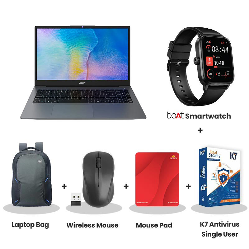 Acer Aspire 3 - AMD Ryzen R3 5400  15.6" (39.62 cm) A325-42 Thin and Light laptop ( 8GB DDR4/ 256GB SSD/  Full HD Display/ AMD Radeon Graphics/ Windows 11 Home/ 1Year Warranty/ Steel Gray/ 1.79 kg) with bOAt Smartwatch + Laptop Bag Wireless Mouse + Mouse Pad + K7 Antivirus Single User