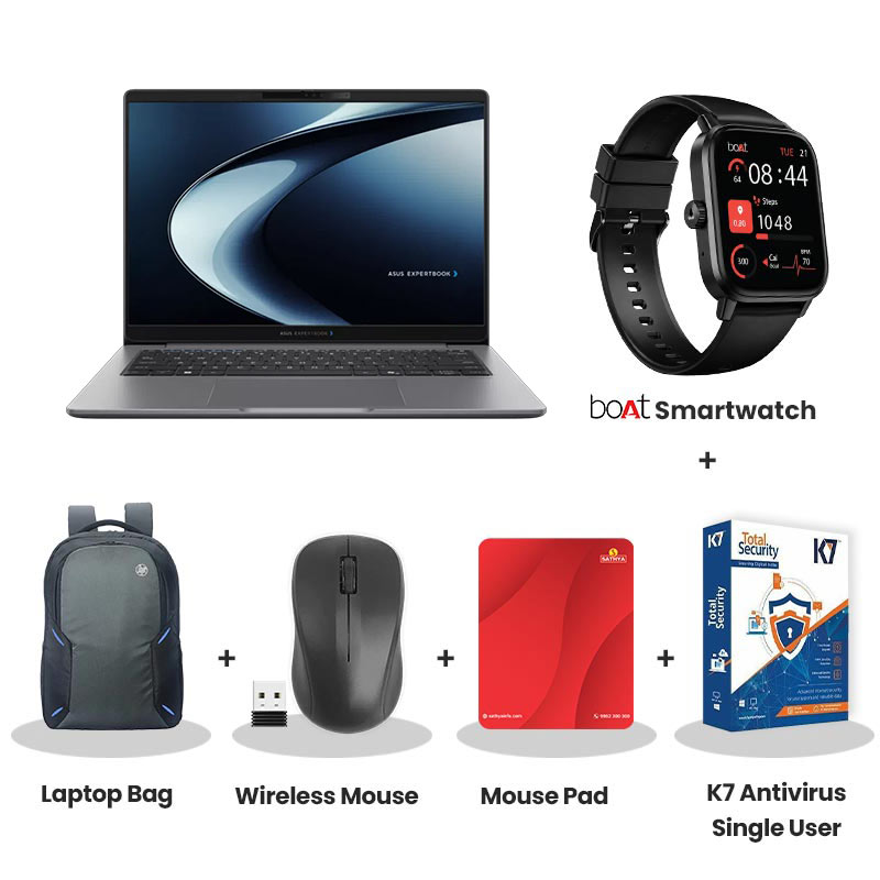 Asus  ExpertBook B1 - Intel Core 3 100U  14" (35.56 cm ) B1403CVA-S60024  Thin & Light Laptop (8GB DDR5/ 512GB SSD/ Full HD Display/ Intel Graphics/ DOS/ 1 Year Warranty/ Misty Grey/ 1.4kg)  with bOAt Smartwatch + Laptop Bag Wireless Mouse + Mouse Pad + K7 Antivirus Single User