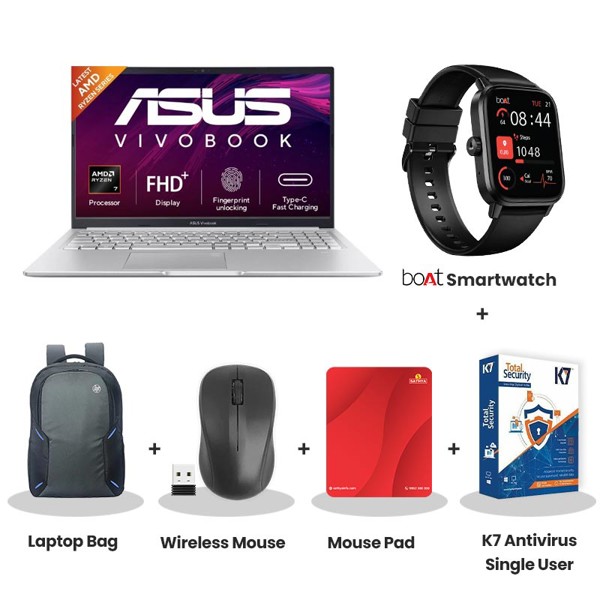 Asus Vivobook Go 15 - AMD Ryzen 5 40 15.6" (39.62cm) E1504FA-BQ2116WS Thin & Light Laptop (16GB DDR5/ 512GB SSD/ Windows 11 Home/Office Home 2024 + M365 Basic (1 Year Validity)/ 1Year Warranty/ Mixed Black/ 1.70 kg) with bOAt Smartwatch + Laptop Bag Wireless Mouse + Mouse Pad + K7 Antivirus Single User E1504FA-BQ2116WS