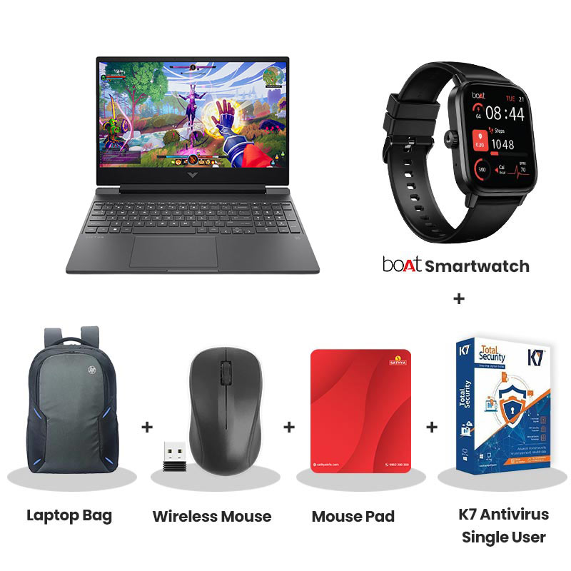 HP Victus - 14th Gen Intel Core i5-14450HX  15.6" (39.6 cm) 15–FA2303TX Gaming Laptop (24GB DDR5/ 512GB SSD/ Full HD Display/ 144 Hz/6GB NVIDIA GeForce RTX 3050/ RGB Backlit/ Windows 11 Home/ MS Office 2024/ 1Year Warranty/ Mica Silver/ 2.3kg) with bOAt Smartwatch + Laptop Bag Wireless Mouse + Mouse Pad + K7 Antivirus Single User