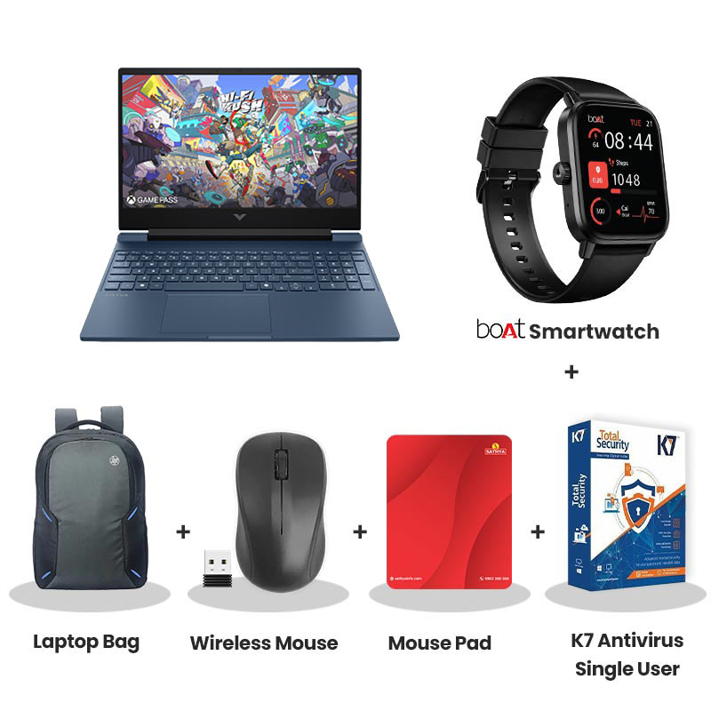 HP Victus - Intel Core 5-210H 15.6" (39.6 cm) 15-fa2554TX Gaming Laptop (24GB DDR5/ 512GB SSD/ Full HD  Display/  NVIDIA GeForce RTX 3050 6GB/ Backlit  Keyboard/ Windows 11 Home/ 1Year Warranty/ Blue / 2.29 kg)  with bOAt Smartwatch + Laptop Bag Wireless Mouse + Mouse Pad + K7 Antivirus Single User