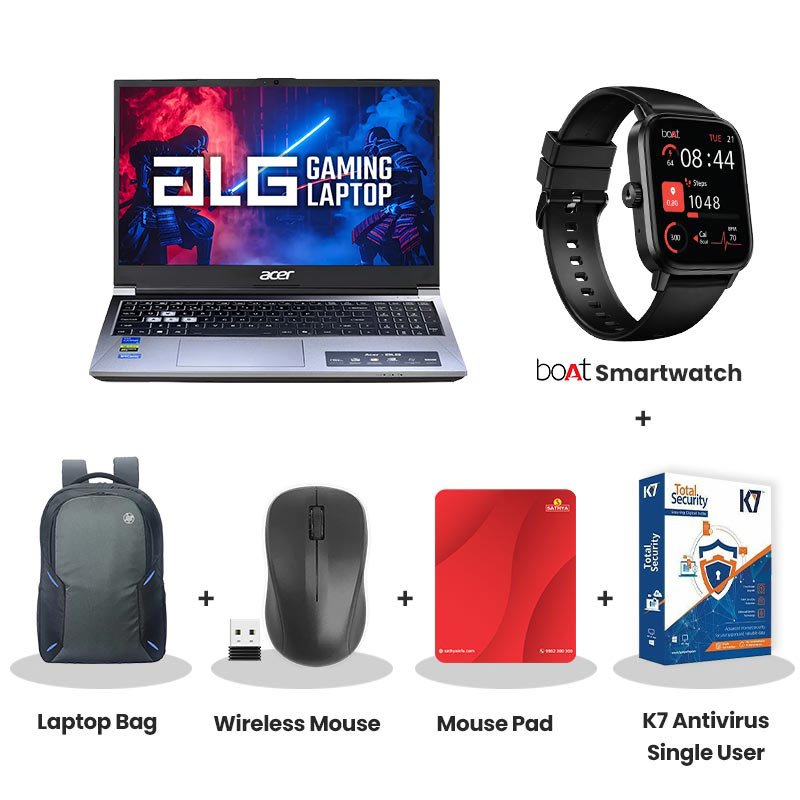 Acer  ALG - Intel Core 5 210H 15.6" (39.62 cm)  AL15G-53 Gaming Laptop ( 16GB/ 512GB SSD/ Full HD Display/ NVIDIA GeForce RTX 3050 4GB DDR6/ Windows 11 Home/ 1Year Warranty/ Titanium Gray/ 1.99kg) No MSO with bOAt Smartwatch + Laptop Bag Wireless Mouse + Mouse Pad + K7 Antivirus Single User