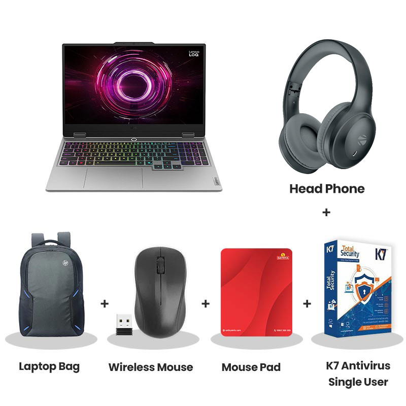 Lenovo LOQ - AMD Ryzen 7 250 15.6" (39.62 cm) 83JG00H0IN Gaming Laptop (16GB DDR5/ 512GB SSD/ Full HD Display/ Anti-glare/ NVIDIA GeForce RTX 5050 8GB GDDR7/ Windows 11 Home/ Office Home 2024 + Lenovo AI Now/ 1Year Warranty/ Luna Grey/ 2.4kg) with HeadPhone + Laptop Bag Wireless Mouse + Mouse Pad + K7 Antivirus Single User