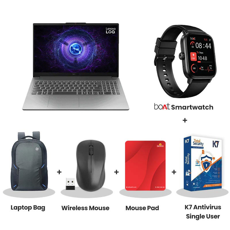 Lenovo LOQ - Intel Core i7-13645HX 15.6" (39.6cm) 83JE019WIN Gaming Laptop (16GB DDR5/ 1TB SSD/ Full HD Display/ Anti-glare/ NVIDIA GeForce RTX 5060 8GB GDDR7/ Windows 11 Home/ 1Year Warranty/ Luna Grey/ 2.4kg) with bOAt Smartwatch + Laptop Bag Wireless Mouse + Mouse Pad + K7 Antivirus Single User