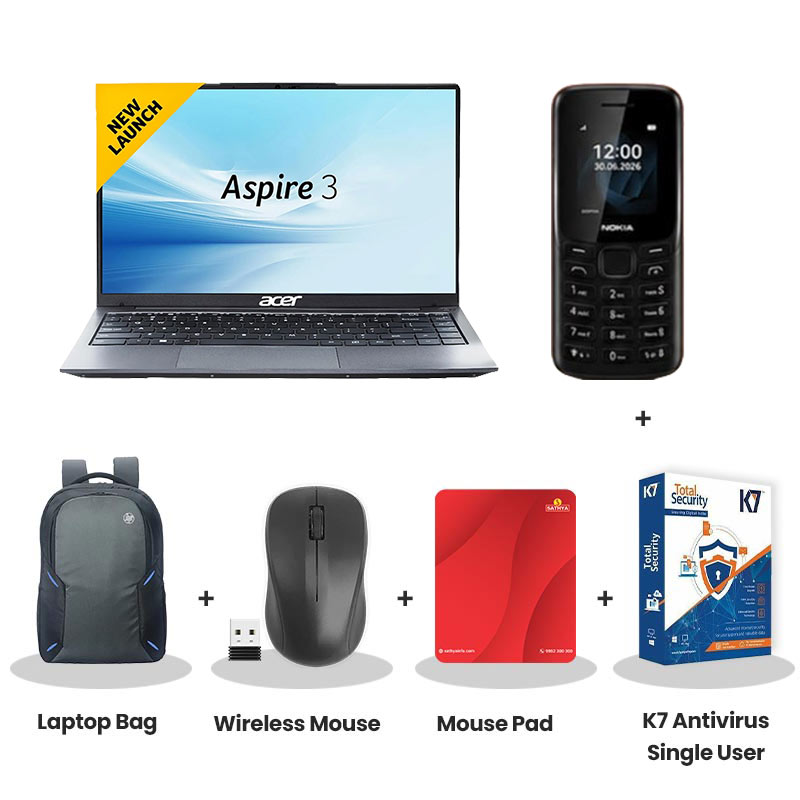 Acer Aspire 3 - Intel Core i5-1334U 15" (38.1 cm) A325-53 Thin and Light Laptop (8GB DDR4/ 500GB SSD/ Full HD IPS Display/ Copilot Key/ Intel UHD Graphics/ Windows 11 Home/ MS Office/ 1Year Warranty/  Silver/ 1.5 kg)  Nokia Mobile Phone + Laptop Bag + Wireless Mouse + Mouse Pad + K7 Antivirus Single User