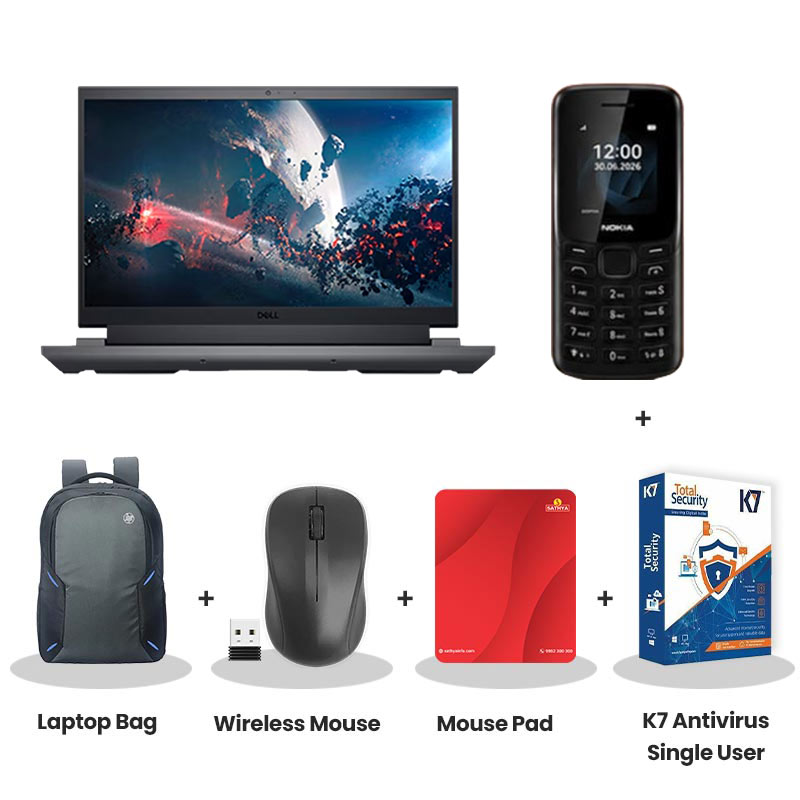 Dell  G15 5530 - 13th Gen Intel Core i5-13450HX  15.6" (39.62cm) Gaming Laptop (16GB DDR5/ 512GB SSD/ Full HD Display/ NVIDIA GeForce RTX 3050 6GB GDDR6/ Windows 11 Home/  MS Office/ 1Year Warranty/ Dark Shadow Gray/ 2.81 kg) Nokia Mobile Phone + Laptop Bag + Wireless Mouse + Mouse Pad + K7 Antivirus Single User