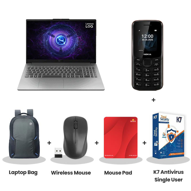 Lenovo LOQ - Intel Core i5-12450HX 15.6" (39.6cm) 83GS00PJIN Gaming Laptop (16GB/ 512GB SSD/ Full HD Display/  NVIDIA GeForce RTX 3050 6GB/ E-shutter/ IPS 300nits Anti-Glare/ 100% sRGB/ 144Hz/ Windows 11 Home/ MS Office 2024/ 1Year Warranty/Luna Grey/ 2.38Kg) Nokia Mobile Phone + Laptop Bag + Wireless Mouse + Mouse Pad + K7 Antivirus Single User