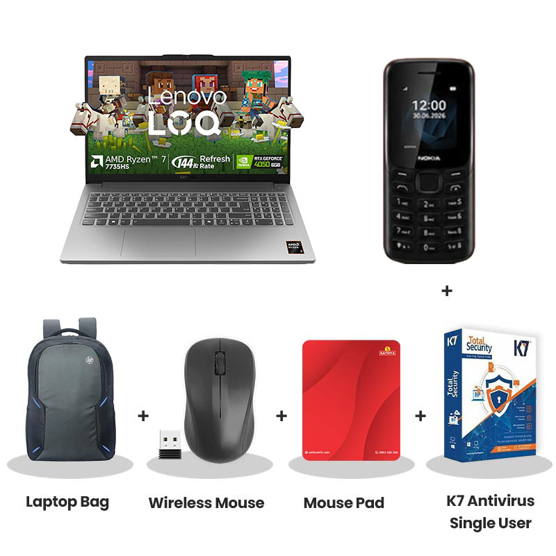 Lenovo LOQ Essential  -  AMD Ryzen 7 7735HS  15.6" (39.62 cm) 83S000FWIN Gaming Laptop  (16GB DDR5/ 512GB SSD/ Full HD Display/ Anti-glare/  NVIDIA GeForce RTX 4050 6GB GDDR6/ Windows 11 Home/ Office Home 2024/  1Year Warranty/  Luna Grey/ 1.8kg)  Nokia Mobile Phone + Laptop Bag + Wireless Mouse + Mouse Pad + K7 Antivirus Single User