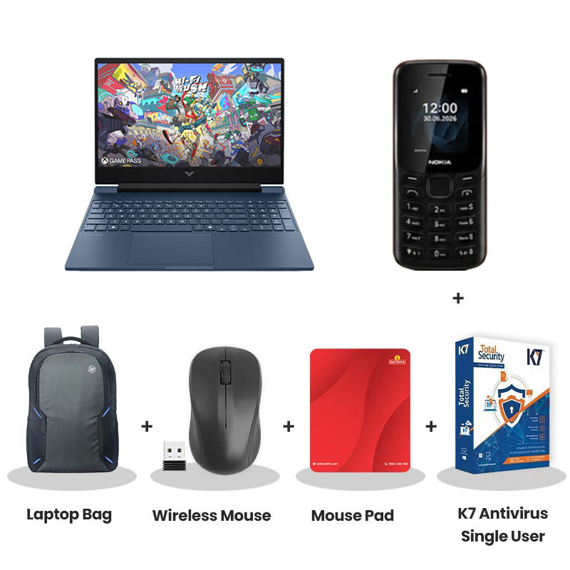 HP Victus - Intel Core 5-210H 15.6" (39.6 cm) 15-fa2554TX Gaming Laptop (24GB DDR5/ 512GB SSD/ Full HD  Display/  NVIDIA GeForce RTX 3050 6GB/ Backlit  Keyboard/ Windows 11 Home/ 1Year Warranty/ Blue / 2.29 kg)   Nokia Mobile Phone + Laptop Bag + Wireless Mouse + Mouse Pad + K7 Antivirus Single User