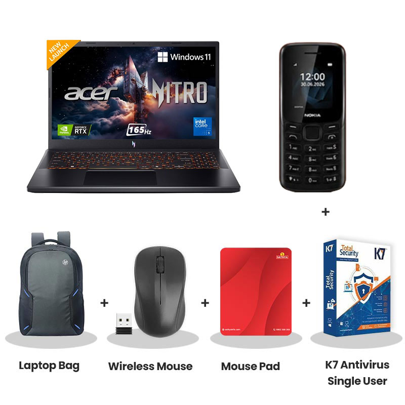 Acer Nitro V 15 - 13th Gen Intel core i7-13620H 15.6" (39.62 cm) ANV15-52 Gaming Laptop (16GB/ 512GB SSD/ Full HD IPS Display/ NVIDIA GeForce RTX -5050 8GB/ Windows 11 Home/ 1Year Warranty/ Obsidian Black/ 2.1kg)  No MSO with Nokia Mobile Phone + Laptop Bag + Wireless Mouse + Mouse Pad + K7 Antivirus Single User