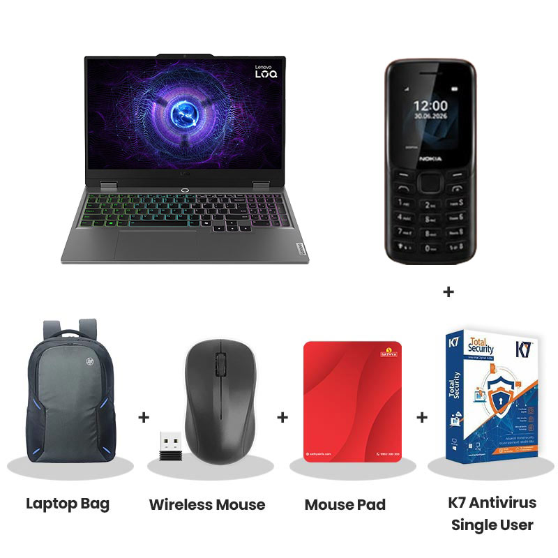 Lenovo LOQ - 	Intel Core i5-13450HX 15.6" (39.6cm) 83DV01JYIN  Gaming Laptop (16GB  DDR5/ 512GB SSD/  Full HD Display/ NVIDIA GeForce RTX 3050 6GB GDDR6/ Windows 11 Home/ Office Home 2024/ 1Year Warranty/Luna Grey/ 2.38 kg)  Nokia Mobile Phone + Laptop Bag + Wireless Mouse + Mouse Pad + K7 Antivirus Single User