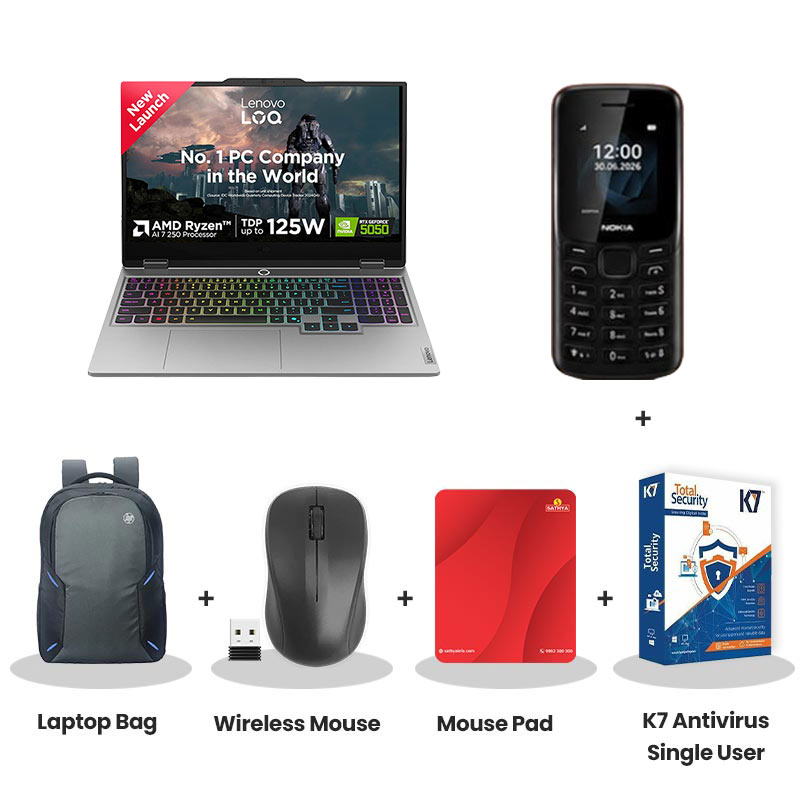 Lenovo LOQ -  AMD Ryzen 7 250  15.6" (39.62 cm) 83JG00H0IN Gaming Laptop  (16GB DDR5/ 512GB SSD/ Full HD Display/Anti-glare/ NVIDIA GeForce RTX 5050 8GB GDDR7/ Windows 11 Home/ Office Home 2024 + Lenovo AI Now/ 1Year Warranty/ Luna Grey/ 2.4kg)  with Nokia Mobile Phone + Laptop Bag + Wireless Mouse + Mouse Pad + K7 Antivirus Single User