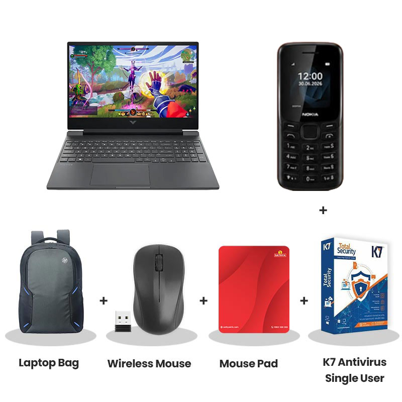 HP Victus -  Intel Core i7-13650HX 15.6" (39.6 cm)  15-fa2495TX Gaming Laptop (24 GB DDR5/ 512GB SSD/ Full HD Display/  NVIDIA GeForce RTX 4050 6GB GDDR6/ Windows 11 Home/ 1Year Warranty/ Mica Silver/ 2.29 kg)   with Nokia Mobile Phone + Laptop Bag + Wireless Mouse + Mouse Pad + K7 Antivirus Single User
